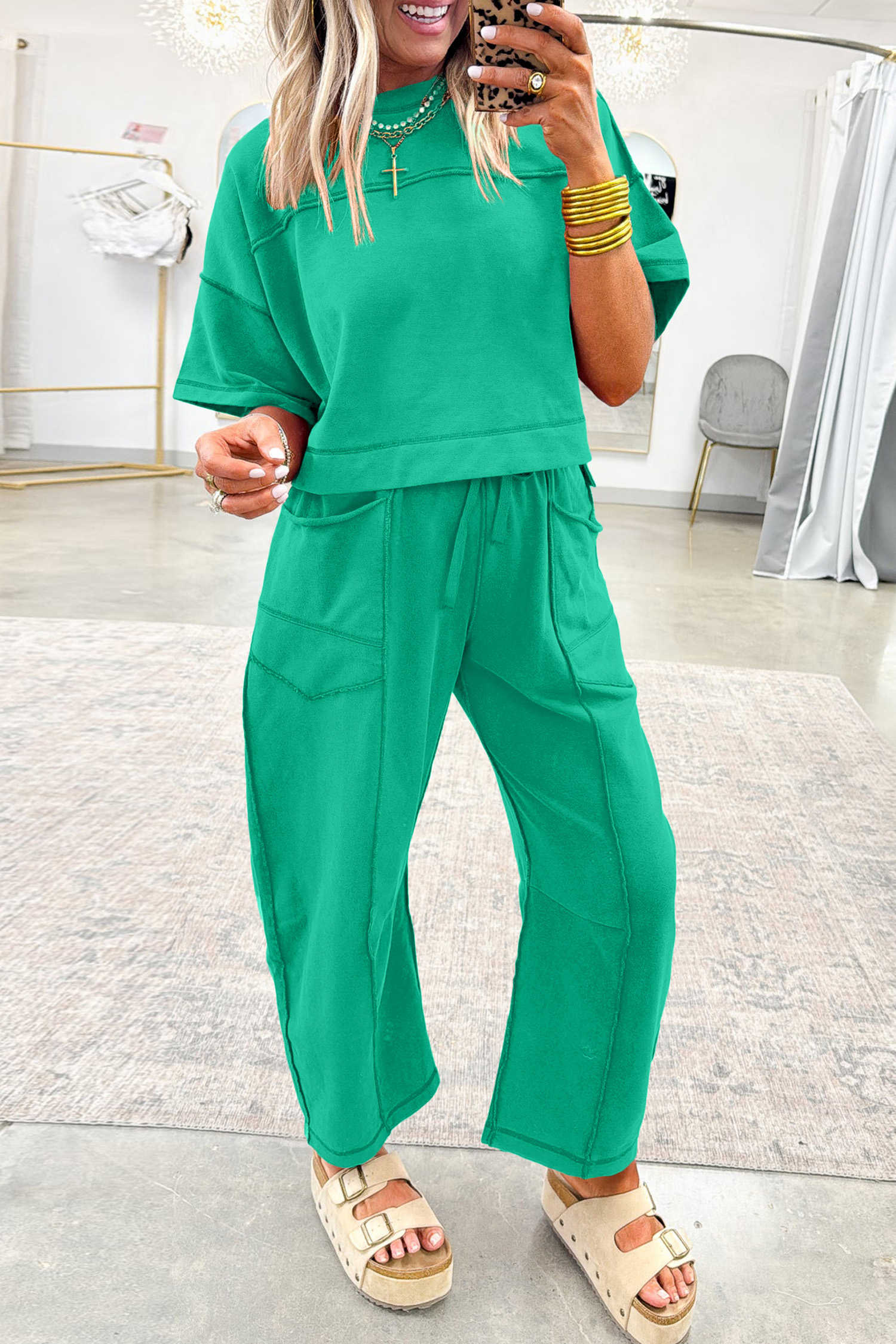 Mint Green Drop Shoulder Boxy Tee and Barrel Pants Set