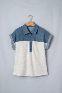 Light Grey Color Block Denim Patchwork Button Polo Collar Short Sleeve Top