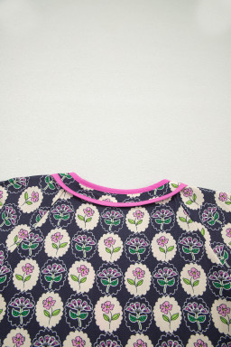 Blue Striped Trim Short Sleeve Vintage Floral Shift Dress