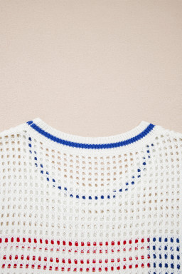 White USA Flag Eyelet Knitted Cap Sleeve Sweater Top