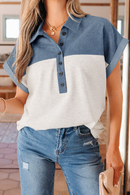 Light Grey Color Block Denim Patchwork Button Polo Collar Short Sleeve Top