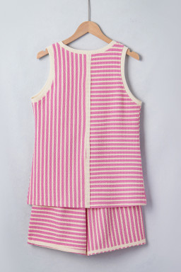 Pink Stripe Textured Contrast Trim Casual Tank and Shorts Set