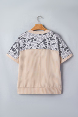 Gray Camouflage Print Twisted Ribbed Patchwork Casual T Shirt