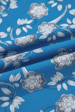 Blue Retro Floral Print Striped Trim Button Neck Short Sleeve Blouse