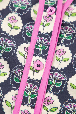 Blue Striped Trim Short Sleeve Vintage Floral Shift Dress