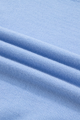 Beau Blue Solid Color Ribbed Trim Round Neck Ruffle Short Sleeve Sweater