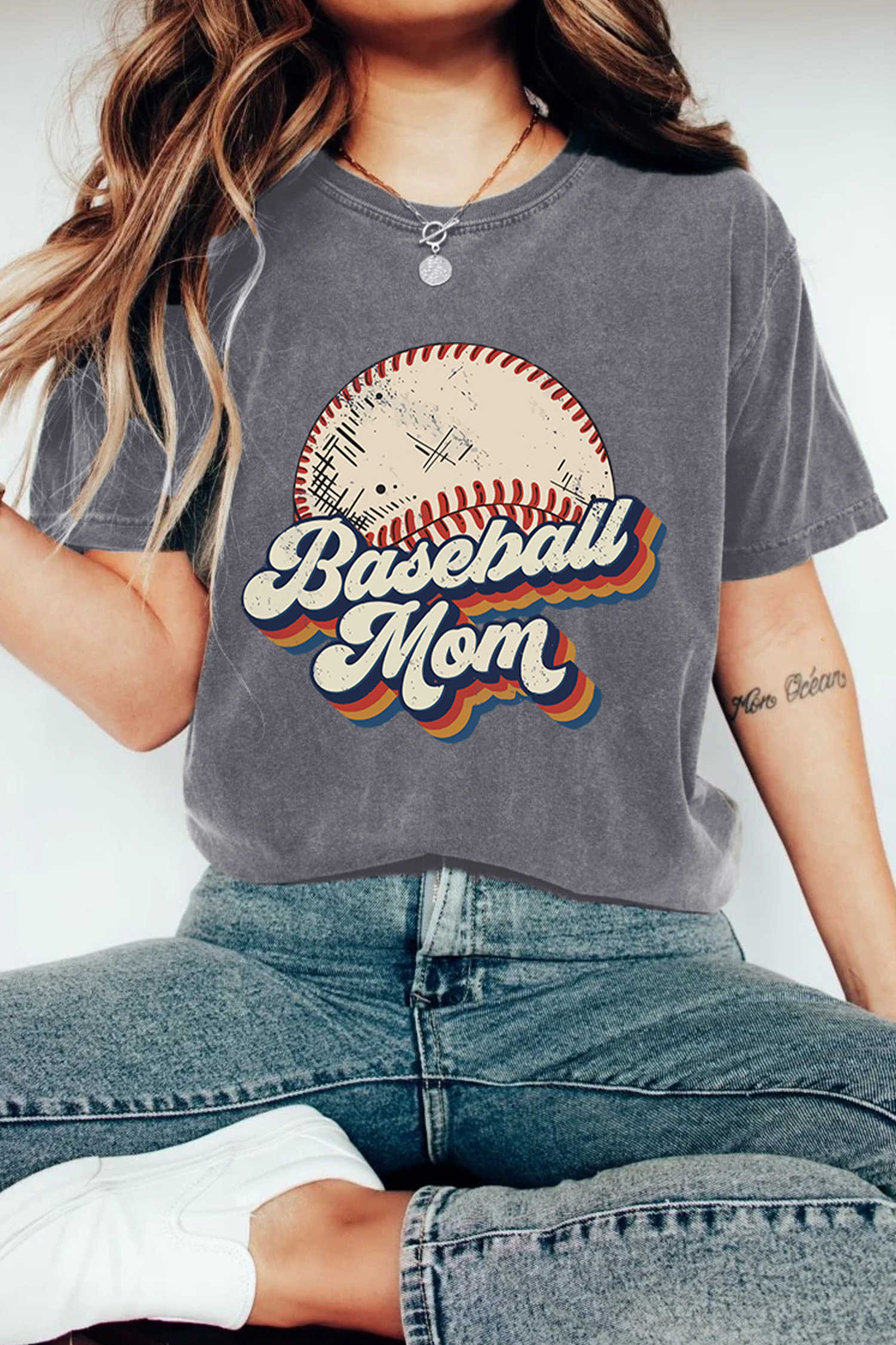 Gray Retro Baseball Mom Printed T Shirt