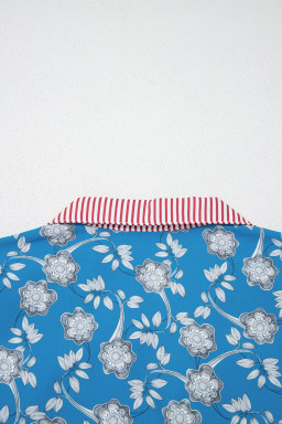 Blue Retro Floral Print Striped Trim Button Neck Short Sleeve Blouse