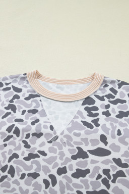 Gray Camouflage Print Twisted Ribbed Patchwork Casual T Shirt