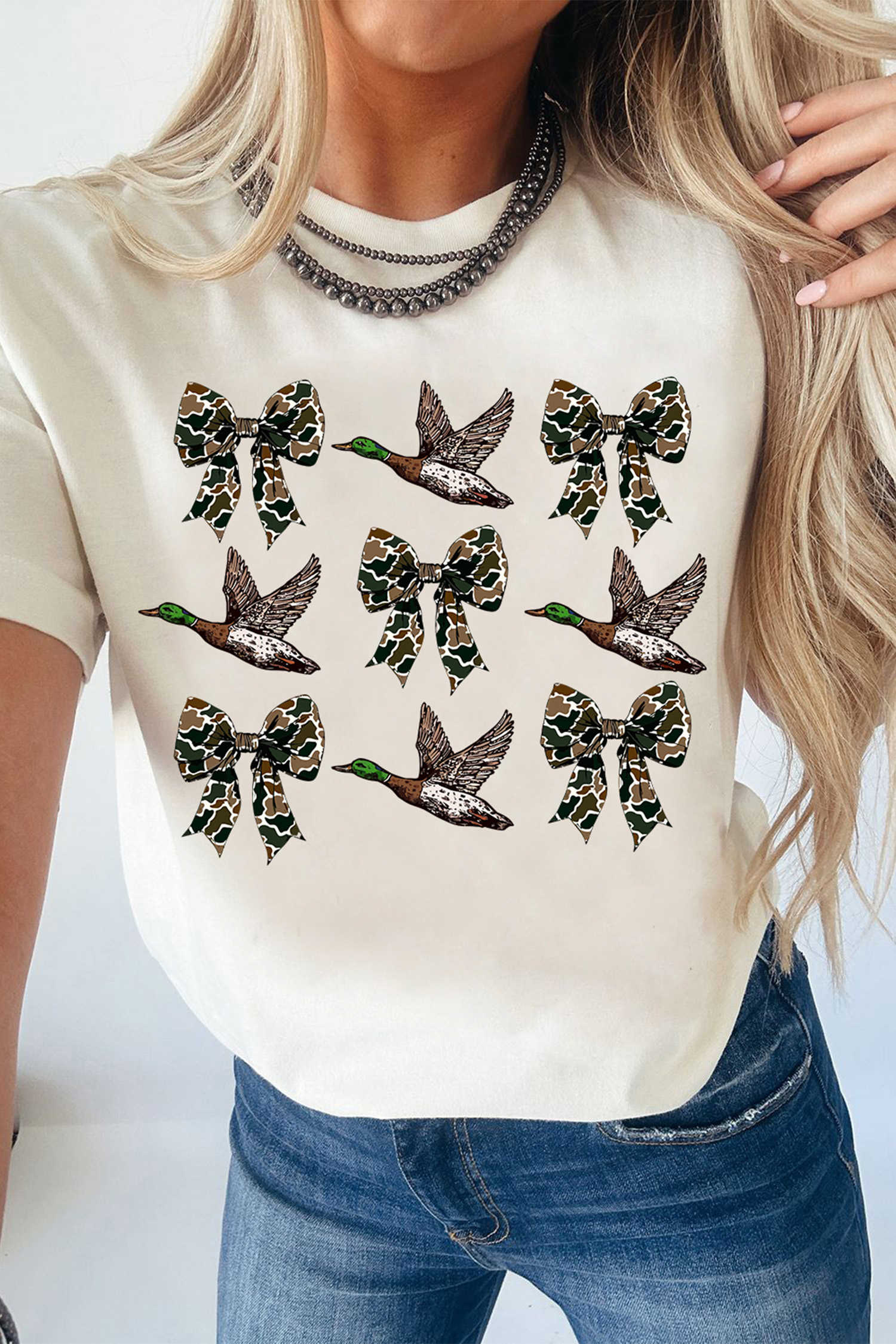 White Camo Bow Flying Mallard Duck Printed Tee