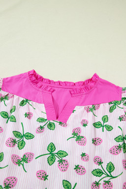 Pink Striped Strawberry Printed Color Block Patchwork V Neck Flutter Sleeve Blouse