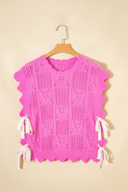 Bonbon Pointelle Knit Patterned Scalloped Trim Short Sleeve Sweater