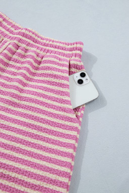 Pink Stripe Textured Contrast Trim Casual Tank and Shorts Set