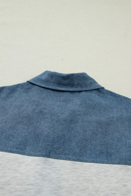 Light Grey Color Block Denim Patchwork Button Polo Collar Short Sleeve Top