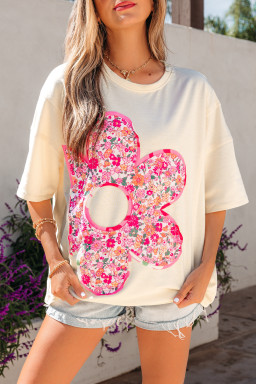 Jet Stream Floral Patched Raw Seam Big Flower Oversize Tee