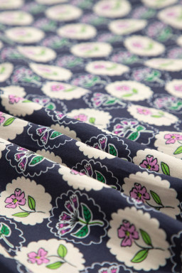 Blue Striped Trim Short Sleeve Vintage Floral Shift Dress