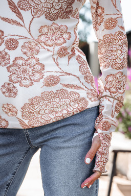 Brown Thumbhole Long Sleeve Floral Print Mesh Top