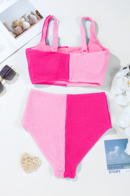 Pink Corded Colorblock Square Neck Bikini Swimsuit