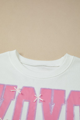 White Bow Sequin XOXO Letter Graphic Exposed Seam Baggy Sweatshirt