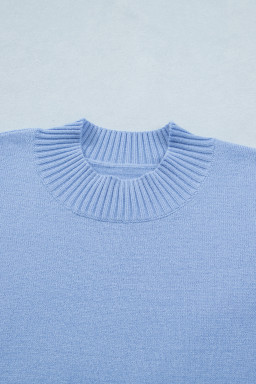 Beau Blue Solid Color Ribbed Trim Round Neck Ruffle Short Sleeve Sweater