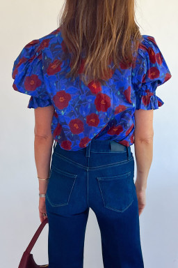 Blue Ruffled Short Balloon Sleeve Frilled V Neck Floral Blouse