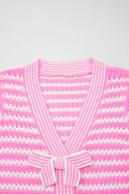 Pink Stripe Short Sleeve Knit V Neck Bow Knot Sweater