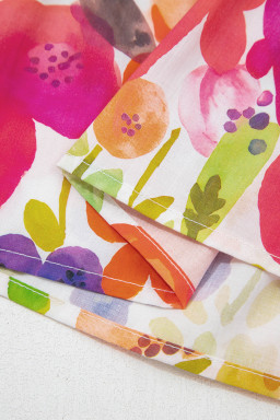 Rose Bright Floral Print Ricrac Trim Striped Patchwork V Neck Dress