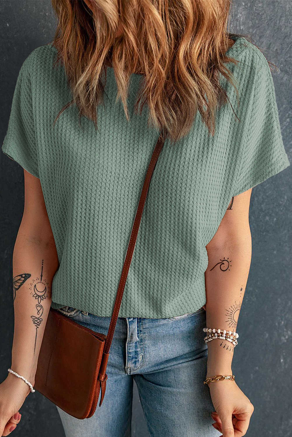 Mist Green Waffle Knit Boat Neck Short Sleeve Top