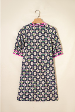 Blue Striped Trim Short Sleeve Vintage Floral Shift Dress