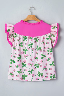 Pink Striped Strawberry Printed Color Block Patchwork V Neck Flutter Sleeve Blouse