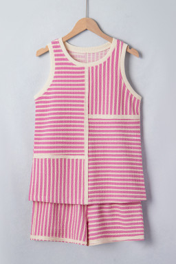 Pink Stripe Textured Contrast Trim Casual Tank and Shorts Set