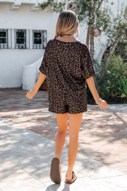 Brown V Neck Collar Leopard Printed 2pcs Short Set