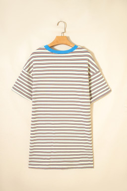 White Stripe Drop Shoulder Cuffed Sleeve Loose Tunic T Shirt Mini Dress