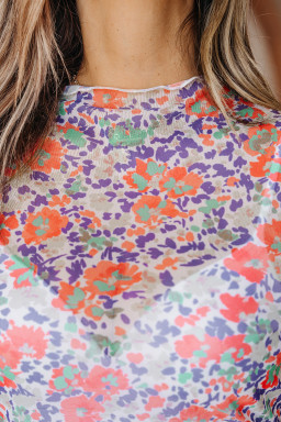 Blue Floral Print Slim Fit Mesh Long Sleeve Mock Neck Top
