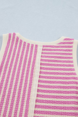 Pink Stripe Textured Contrast Trim Casual Tank and Shorts Set