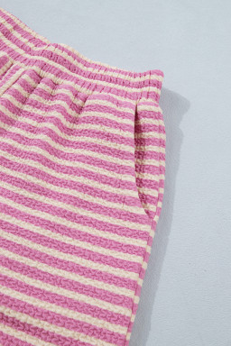 Pink Stripe Textured Contrast Trim Casual Tank and Shorts Set
