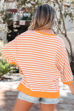 Orange Stripe 3/4 Sleeve Exposed Seam Patchwork Pullover Top