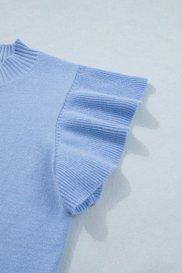 Beau Blue Solid Color Ribbed Trim Round Neck Ruffle Short Sleeve Sweater