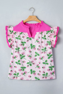 Pink Striped Strawberry Printed Color Block Patchwork V Neck Flutter Sleeve Blouse