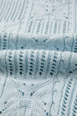 Beau Blue Pointelle Knit Patterned Scalloped Trim Short Sleeve Sweater