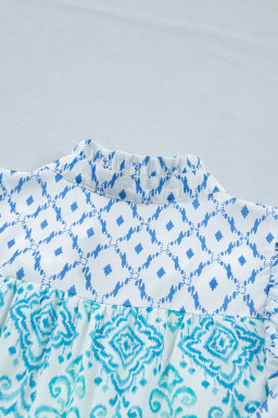 Sky Blue Boho Floral Geometric Patchwork Ruffle Detail Puff Sleeve Mini Dress