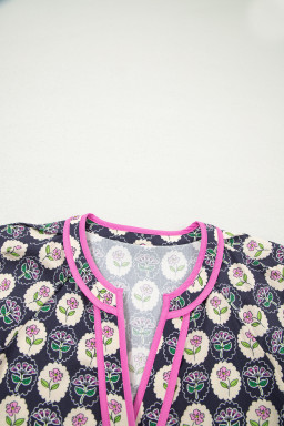 Blue Striped Trim Short Sleeve Vintage Floral Shift Dress