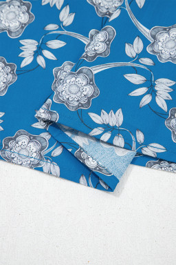 Blue Floral Print Button Tie Neck Striped Detail Short Sleeve Blouse