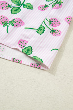 Pink Striped Strawberry Printed Color Block Patchwork V Neck Flutter Sleeve Blouse