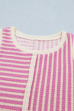 Pink Stripe Textured Contrast Trim Casual Tank and Shorts Set