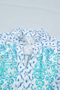 Sky Blue Boho Floral Geometric Patchwork Ruffle Detail Puff Sleeve Mini Dress