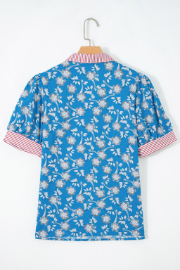 Blue Retro Floral Print Striped Trim Button Neck Short Sleeve Blouse