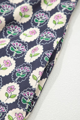 Blue Striped Trim Short Sleeve Vintage Floral Shift Dress