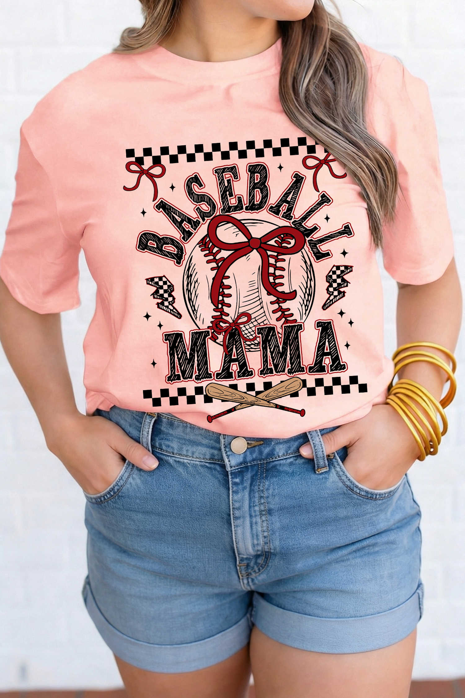 Pink Baseball Mama Coquette Ball Checkered Graphic Tee