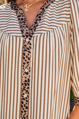 Khaki Stripe Square Button Leopard Trim Loose Bracelet Sleeve Shirt Dress